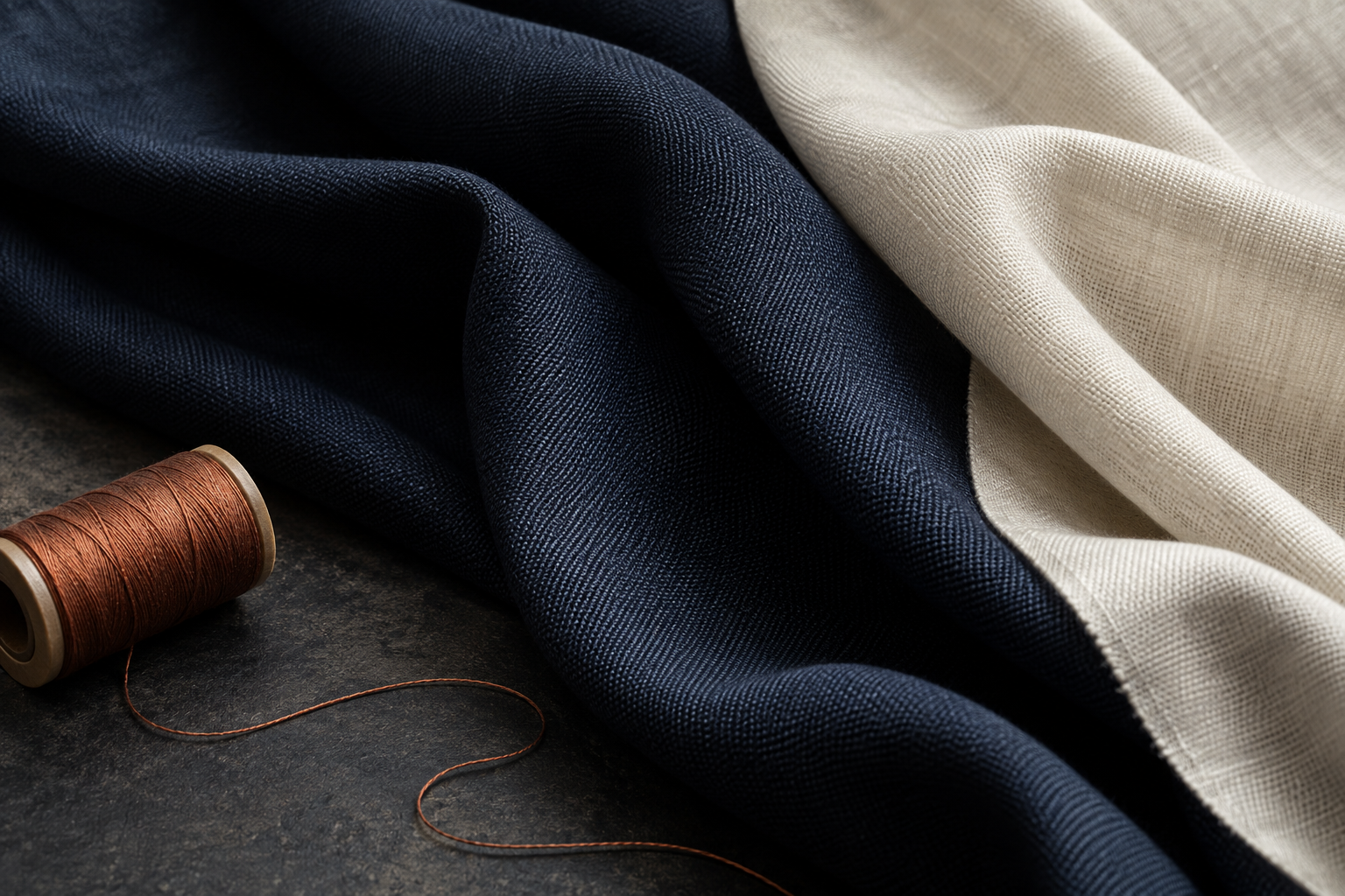 An illustrative study of navy and ivory fabric with a copper-coloured thread spool